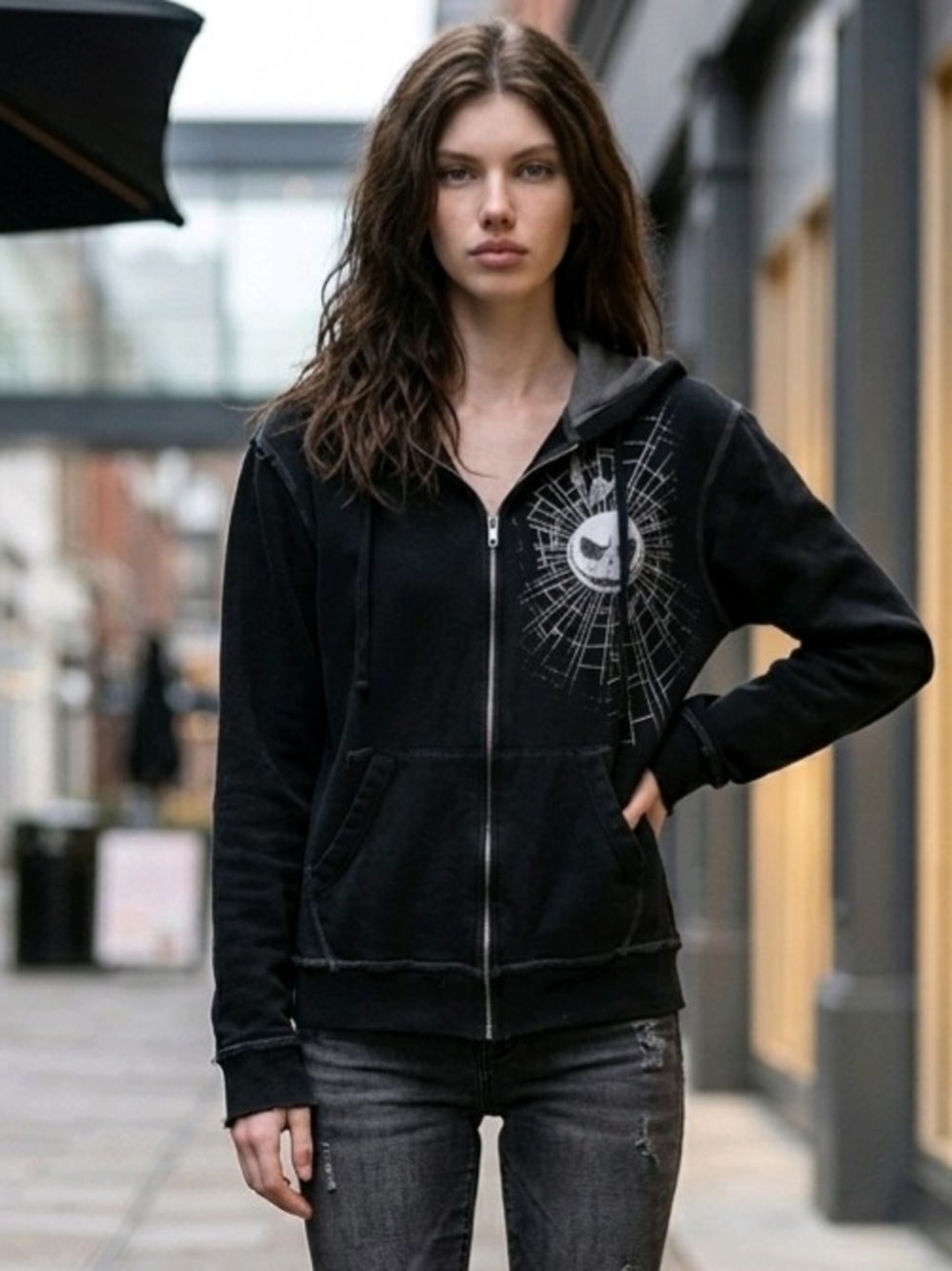 Disney Black Women's Zip Hoodie with White Graphic